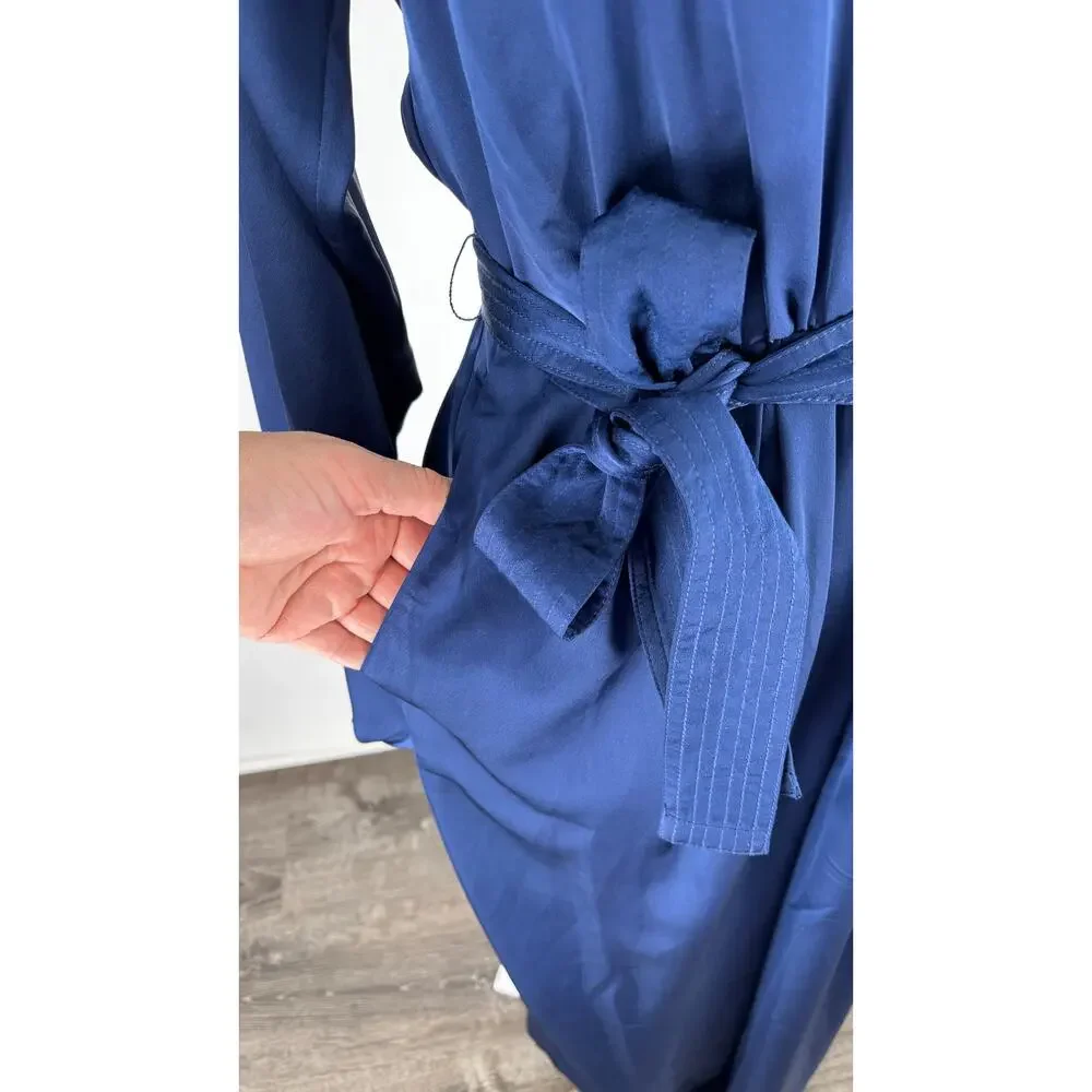Ann Taylor V Neck Long Sleeve Satin Jumpsuit Deep Ocean Blue Womens Size 8 New